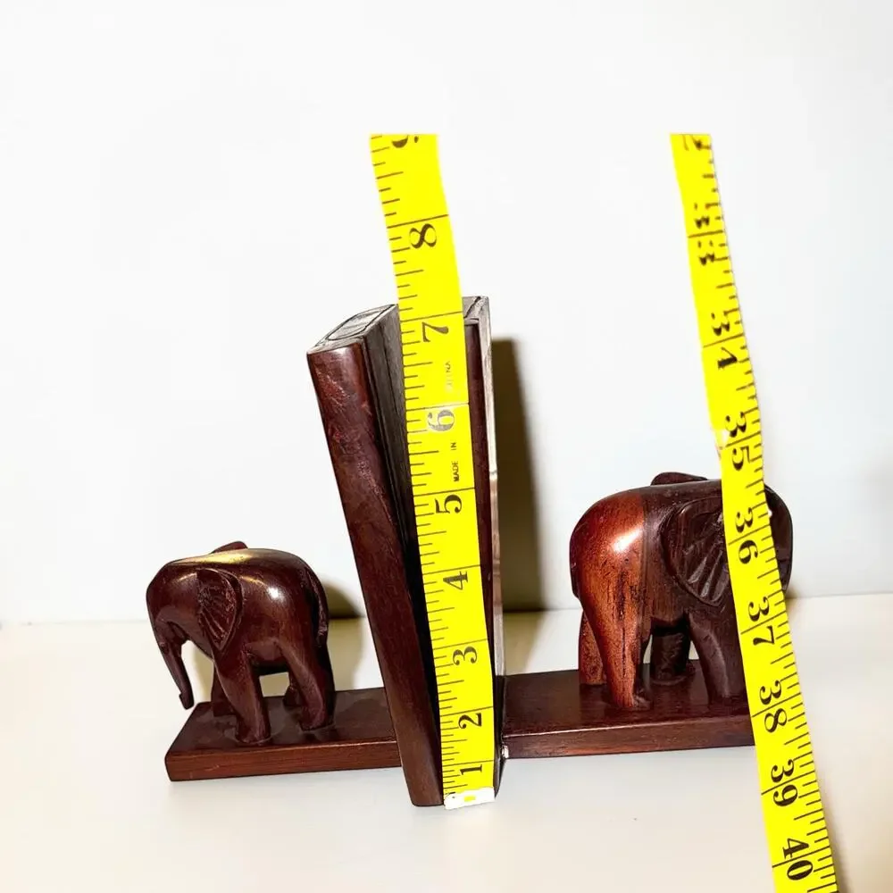 Vintage Wooden Elephant Bookends | Carved Elephant Shelf Decor Pair